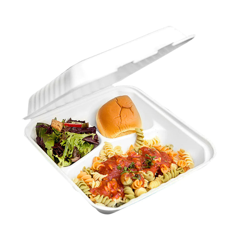 Compostable Hinged Containers with Compartments, White, (pack of 200)