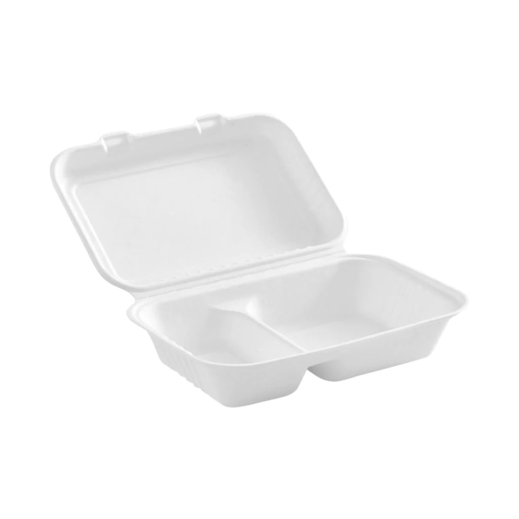 Compostable Hinged Containers with Compartments, White, (pack of 200)