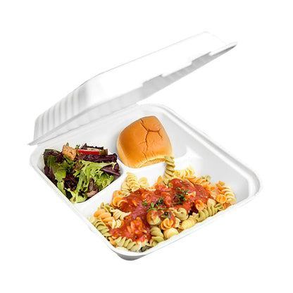Compostable Hinged Containers with Compartments, White, (pack of 200)